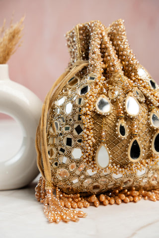 Wedding Potli Bag Indian Wedding – Aaina Jaal Jhaalar Gold by Nayaab by Sonia