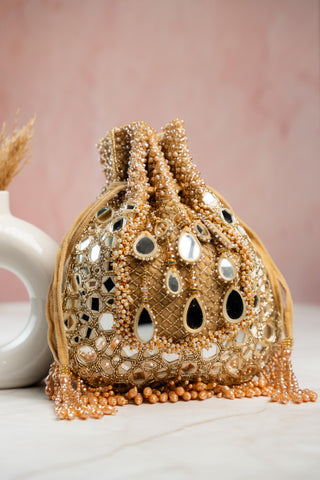 Wedding Potli Bag Indian Wedding – Aaina Jaal Jhaalar Gold by Nayaab by Sonia