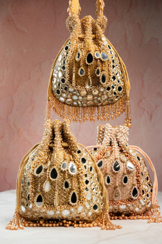 Wedding Potli Bag Indian Wedding – Aaina Jaal Jhaalar Gold by Nayaab by Sonia