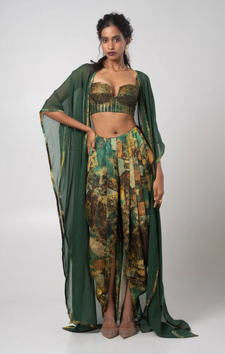 Green embroidered bustier with dhoti pants and a cape