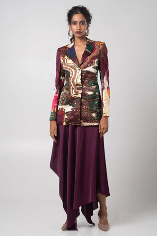 Purple hand-embroidered blazer with handkerchief skirt