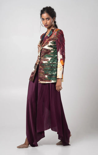 Purple hand-embroidered blazer with handkerchief skirt