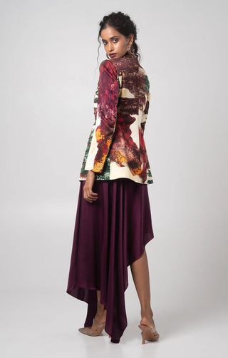 Purple hand-embroidered blazer with handkerchief skirt