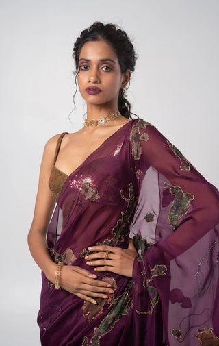 Purple sequin blouse with a printed draped skirt and a dupatta