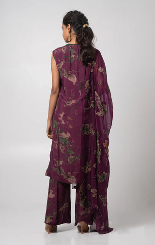 Deep purple sleevless kurta with flared trouser and appliqued dupatta