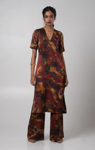 Multicolored V-neck kurta and a trouser set