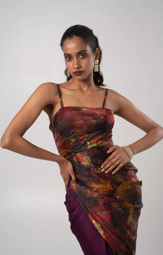 Purple ruched kurta top paired with a floor length draped skirt