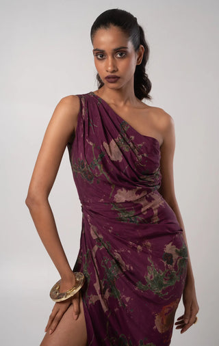 Deep purple one-shoulder draped dress