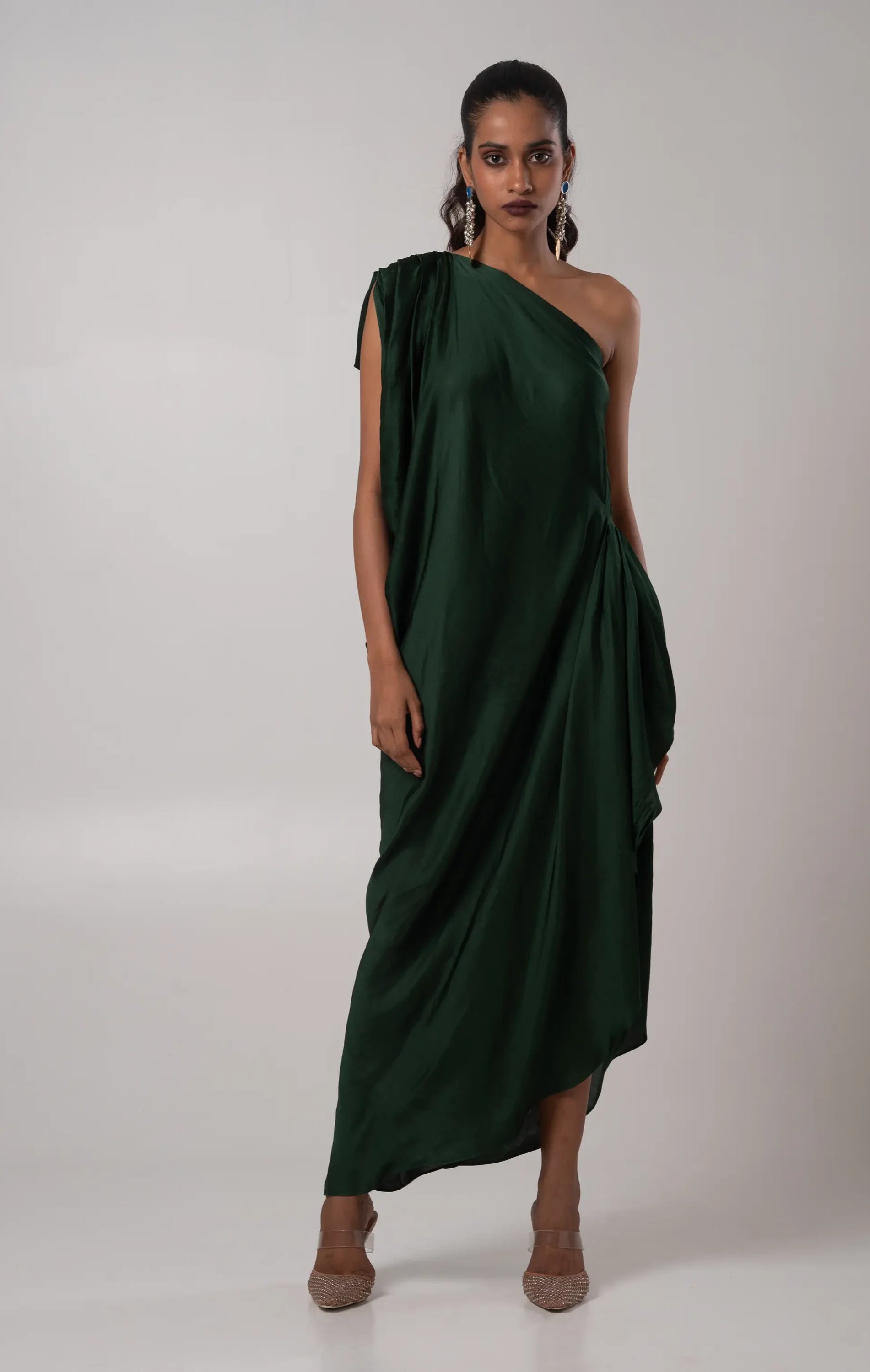 one shoulder designer dress One Shoulder Designer Midi Dress White / S