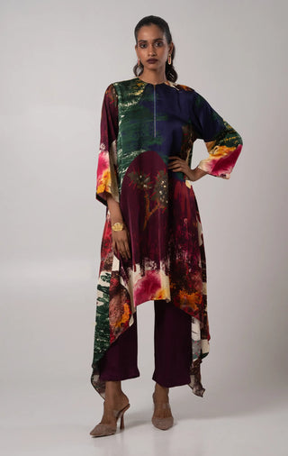 Multicolored asymmetrical kurta with straight trouser
