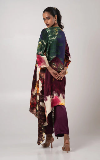 Multicolored asymmetrical kurta with straight trouser