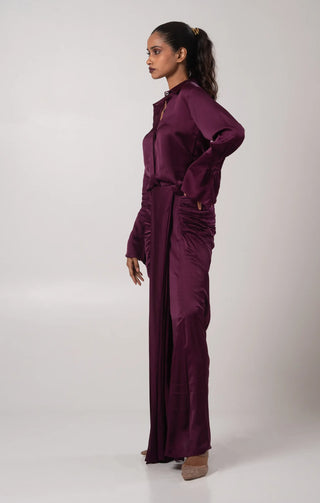 Purple cropped shirt with a draped skirt