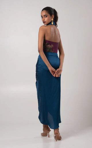 Blue draped skirt with a printed corset