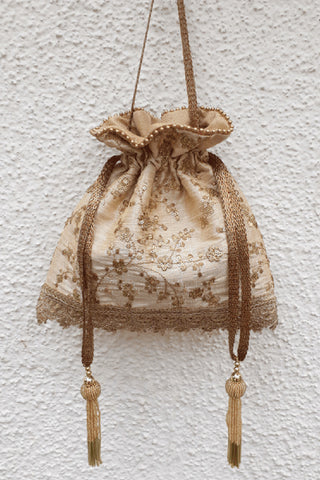 Beige alia silk embroidered potli bag