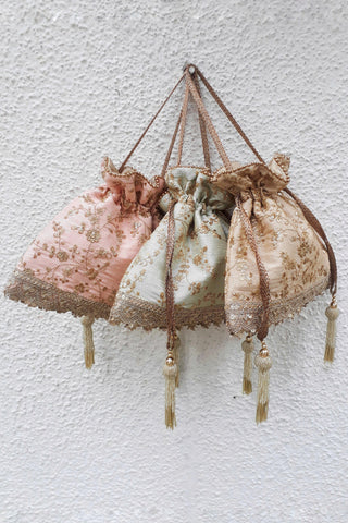 Beige alia silk embroidered potli bag