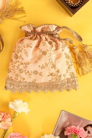 Peach alia silk embroidered potli bag