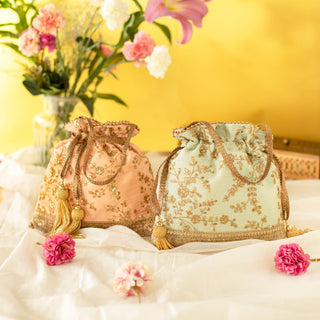 Peach alia silk embroidered potli bag
