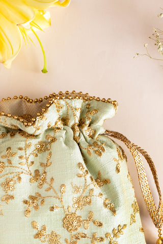 Green alia silk embroidered potli bag