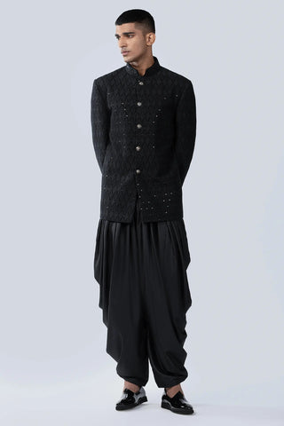 Black thread work and sequins embroidered bandgala jacket
