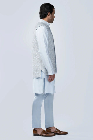 Blue resham thread and silver bead embroidered bundi set