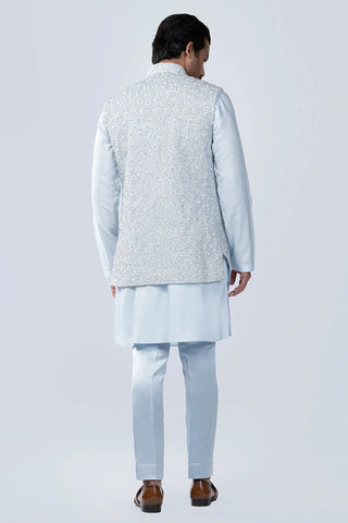 Blue resham thread and silver bead embroidered bundi set