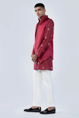 Maroon bundi with embroidered and potli buttons kurta