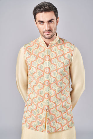 Yellow hand embroidered consealed bundi set