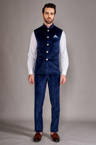 Navy blue velvet bundi with white chinese collar shirt