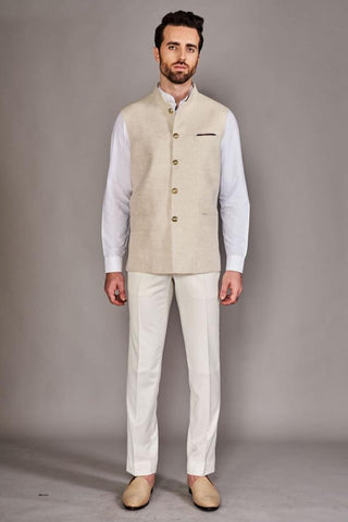 Light beige linen bundi with white chinese collar shirt