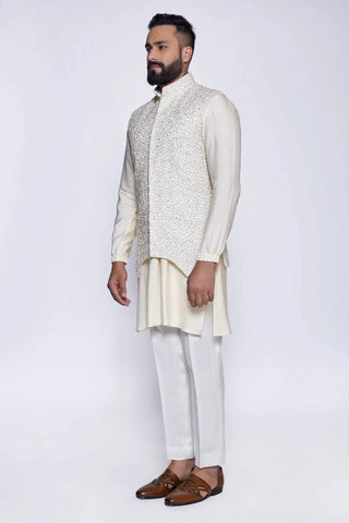 Beige resham and cut dana embroidered arc cut bundi set