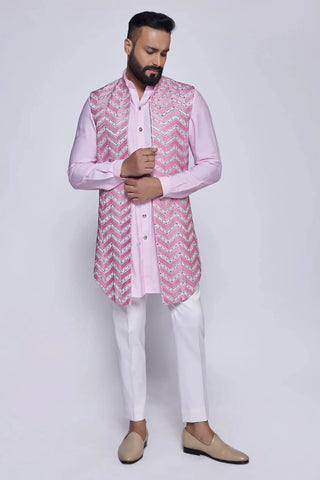 Pink bead and resham thread work chevron emb open long bundi set