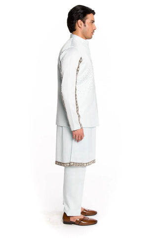 Blue mirror and metal beads embroidered bundi set