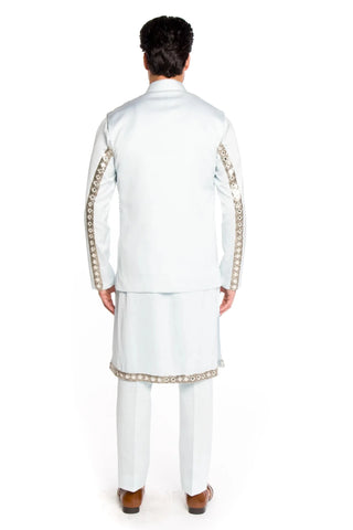 Blue mirror and metal beads embroidered bundi set