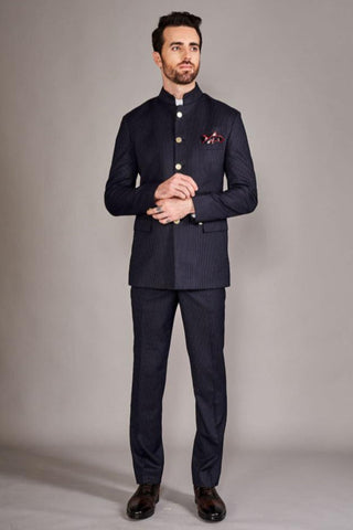 Navy blue pinstripe bandhgala suit
