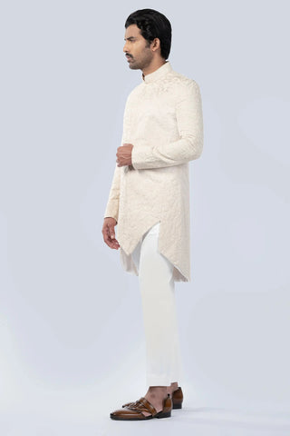 Beige floral dori embroidered fusion with assymetrical saddle cut