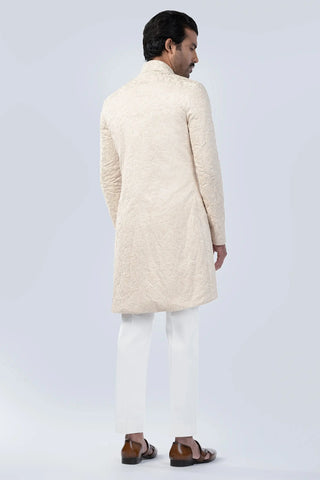 Beige floral dori embroidered fusion with assymetrical saddle cut