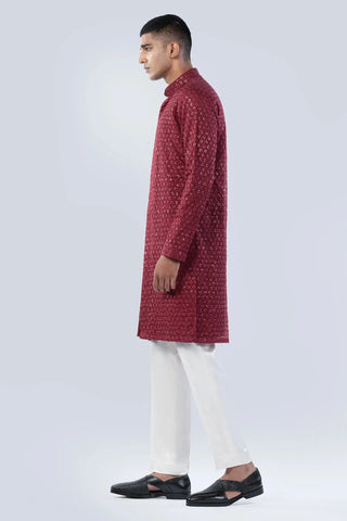 Maroon threadwork front opening kurta