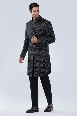 Black bead and threadwork embroidered bucket cut sherwani