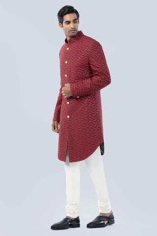 Maroon frenchknot and sequins embellishment embroidered sherwani