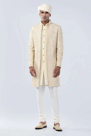 Beige all over thread work and zardozi embroidered open sherwani