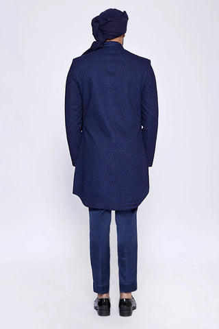 Blue resham and cut dana embroidered bucket cut sherwani