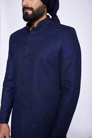 Blue resham and cut dana embroidered bucket cut sherwani