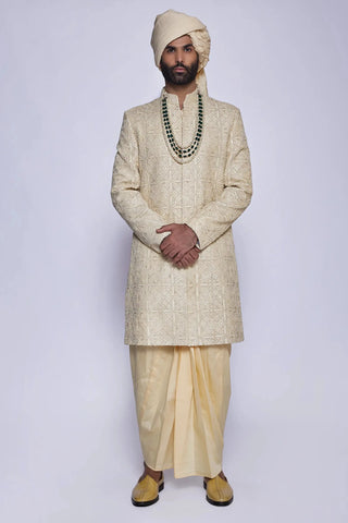 Beige all over french knot embroidered consealed sherwani