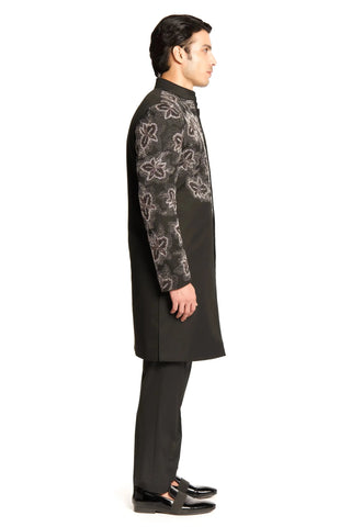 Black bead cut dana embroidered placement sherwani set