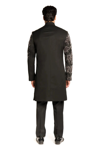 Black bead cut dana embroidered placement sherwani set