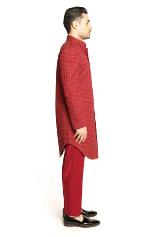 Maroon resham thread work and cut dana embroidered sherwani set