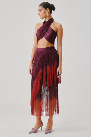 Maroon Halter Top and Skirt Set for Contemporary Wear by Aroka