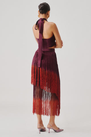 Maroon Halter Top and Skirt Set for Contemporary Wear by Aroka