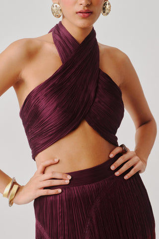 Maroon Halter Top for Contemporary Wear with Elastic Back by Aroka