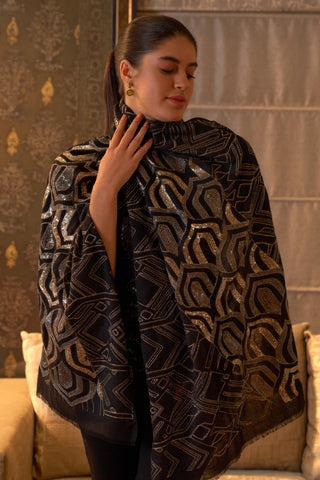 Stole Indian Wedding Wear - Black Astral Art Pure Cashmere by Mauli